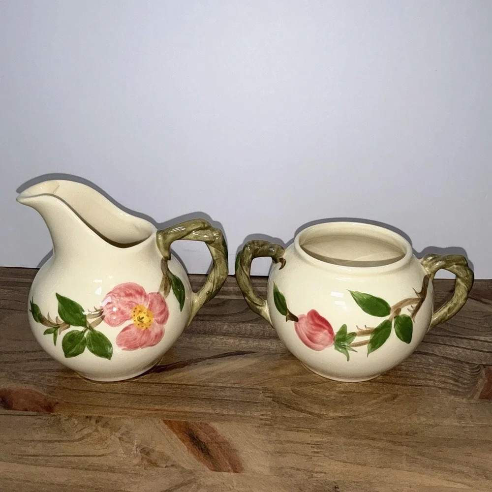 Franciscan Desert Rose Sugar Bowl & Creamer NO Lid Set Pink Rose USA Pottery Vtg